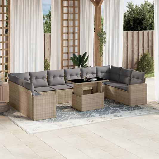 Set Divani da Giardino 11 pz con Cuscini Beige in Polyrattan - homemem39