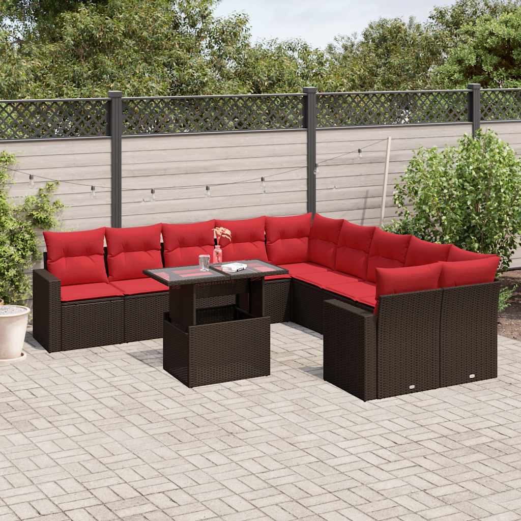 Set Divani da Giardino 11 pz con Cuscini Marrone in Polyrattan