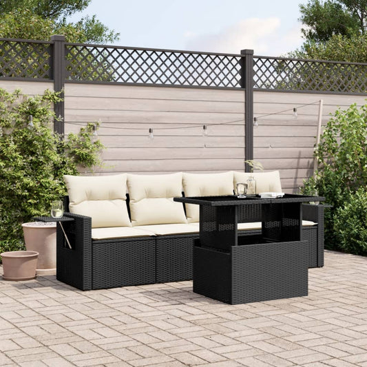 5-teiliges Gartensofa-Set mit schwarzen Polyrattan-Kissen