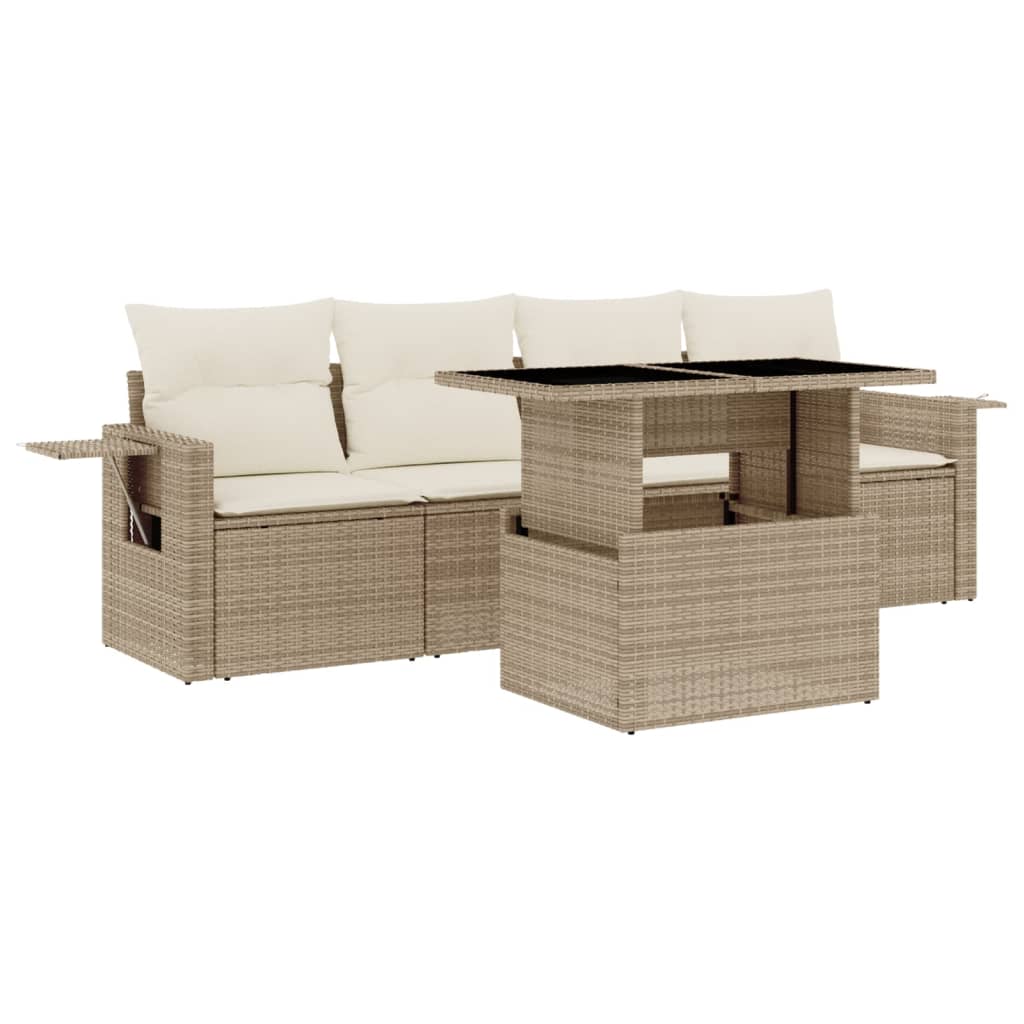 Set Divano da Giardino 5 pz con Cuscini Beige in Polyrattan