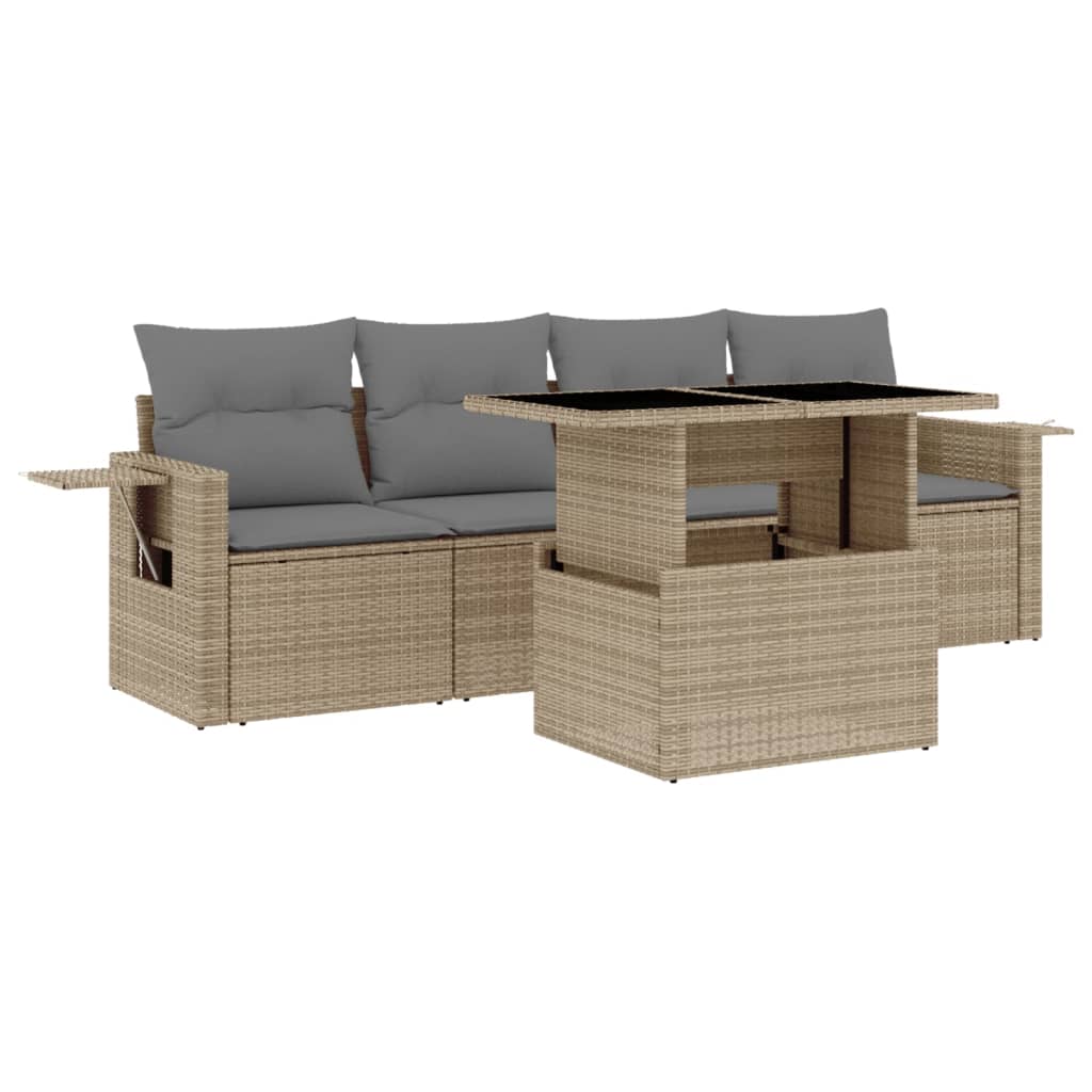 Set Divano da Giardino 5 pz con Cuscini Beige in Polyrattan