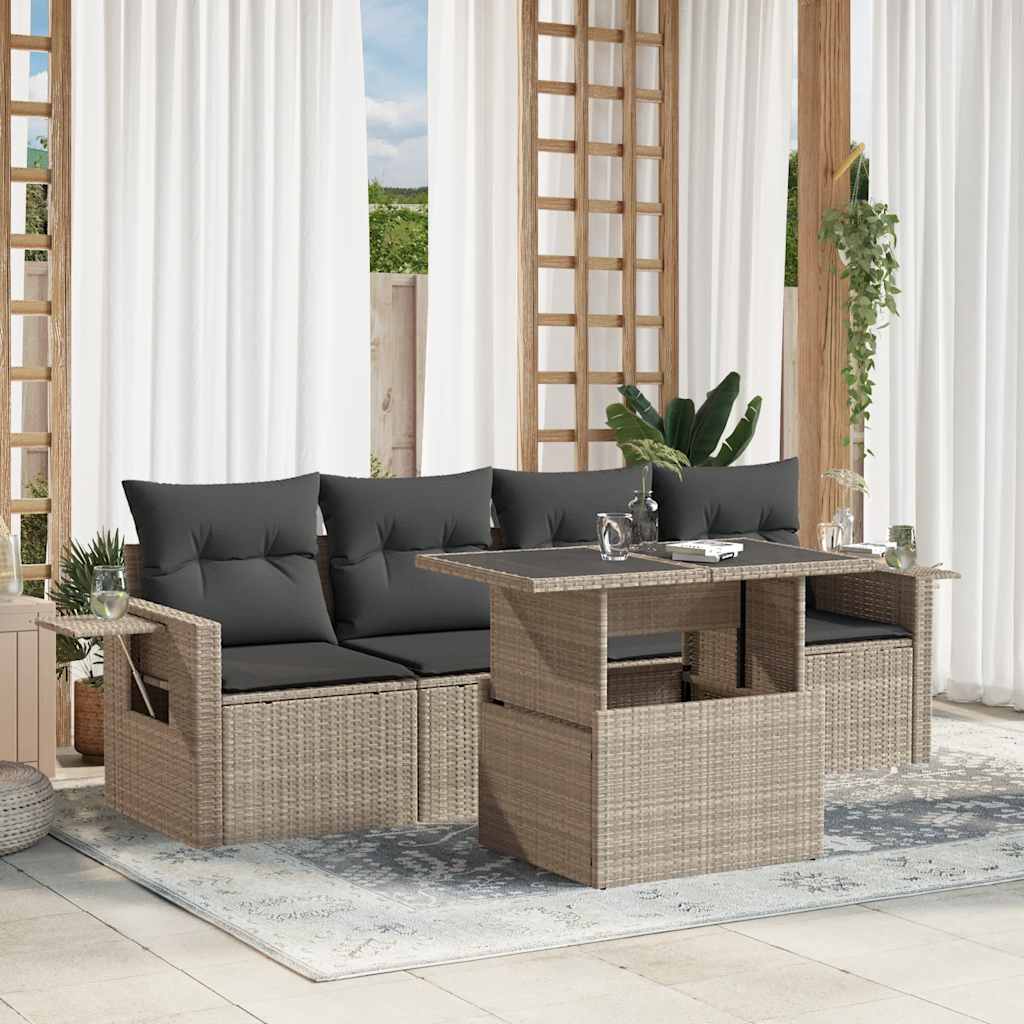 Set Divano da Giardino 5pz con Cuscini Grigio Chiaro Polyrattan - homemem39