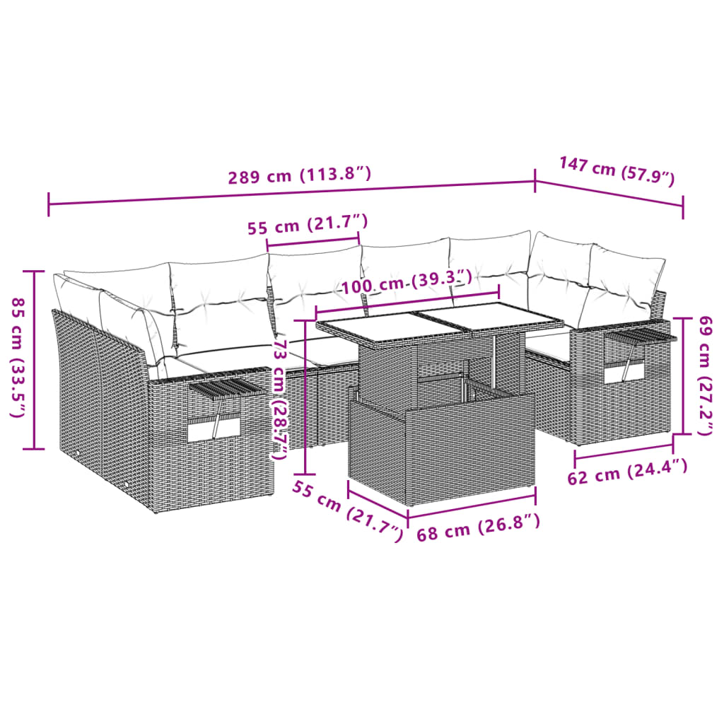 Set Divano da Giardino 8 pz con Cuscini Beige in Polyrattan