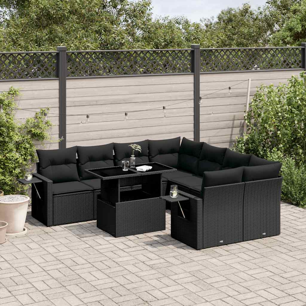 Set Divani da Giardino 9 pz con Cuscini Nero in Polyrattan - homemem39