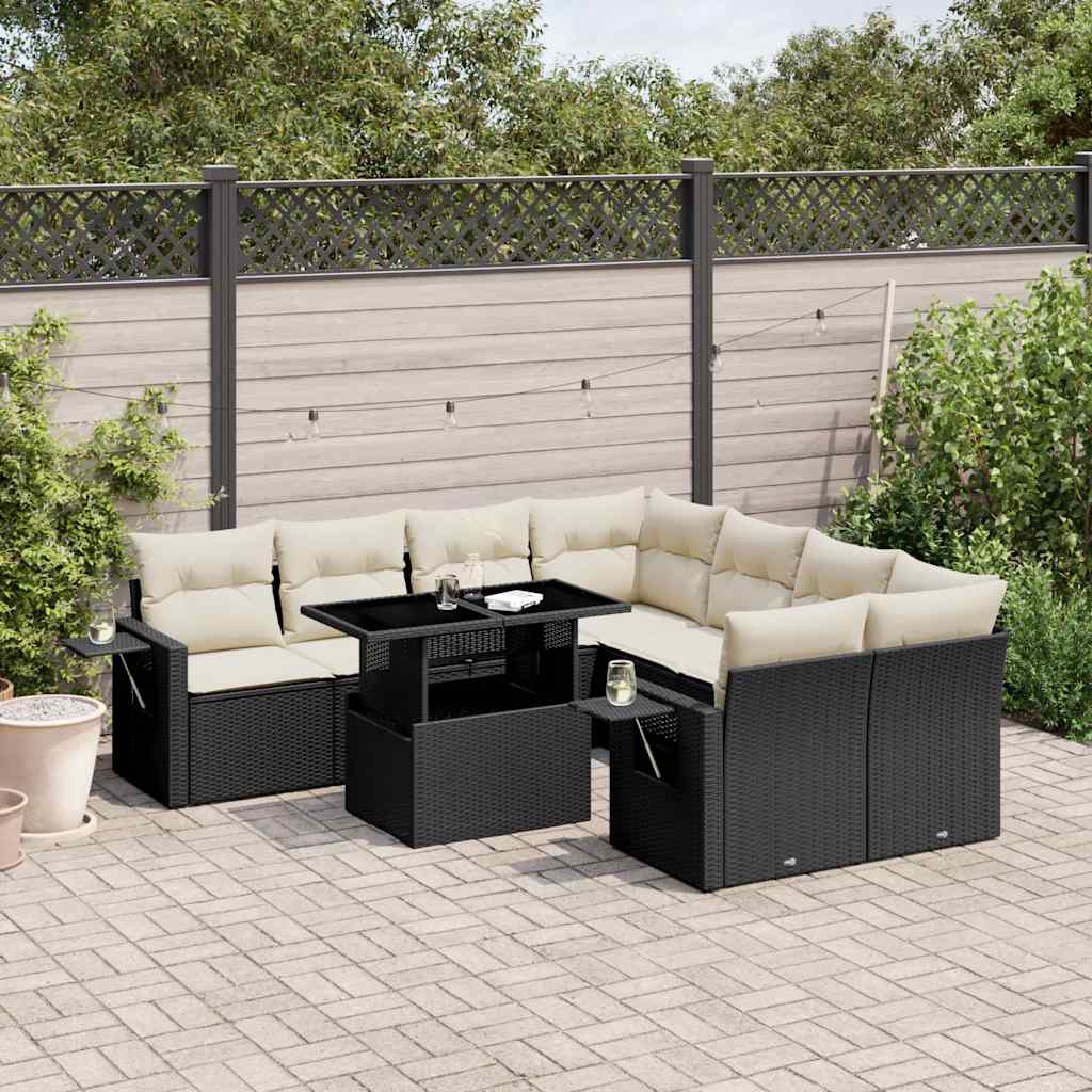 Set Divani da Giardino 9 pz con Cuscini Nero in Polyrattan | homemem39