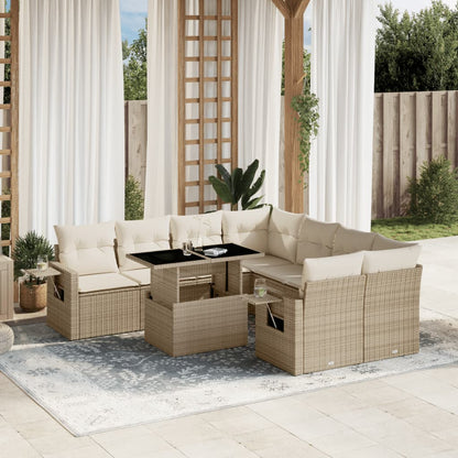 9 pc Garden Sofa Set with Beige Polyrattan Cushions