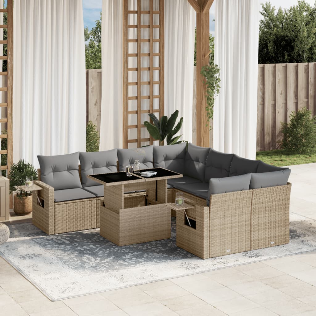 Set Divano da Giardino 9 pz con Cuscini Beige in Polyrattan - homemem39