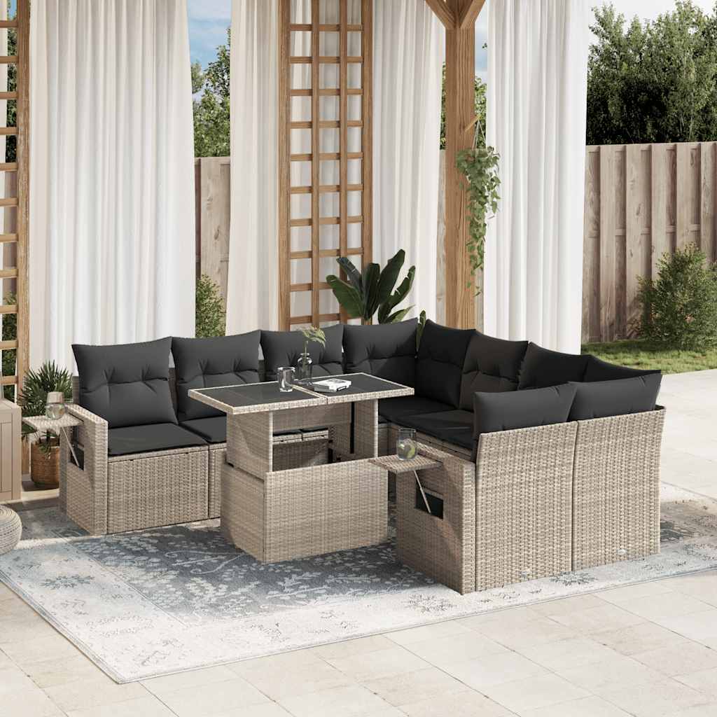 Set Divano da Giardino 9pz con Cuscini Grigio Chiaro Polyrattan - homemem39