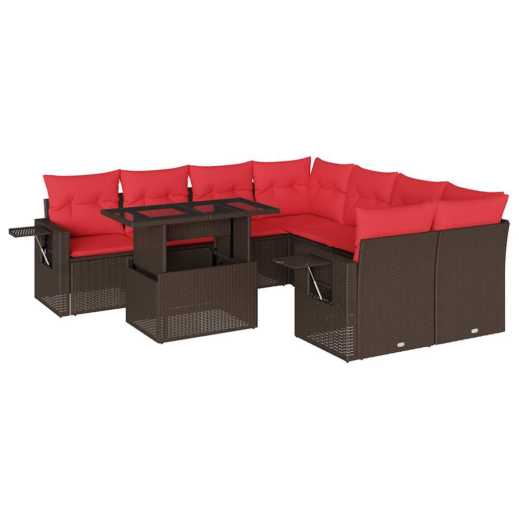 Set Divani da Giardino 9 pz con Cuscini Marrone in Polyrattan