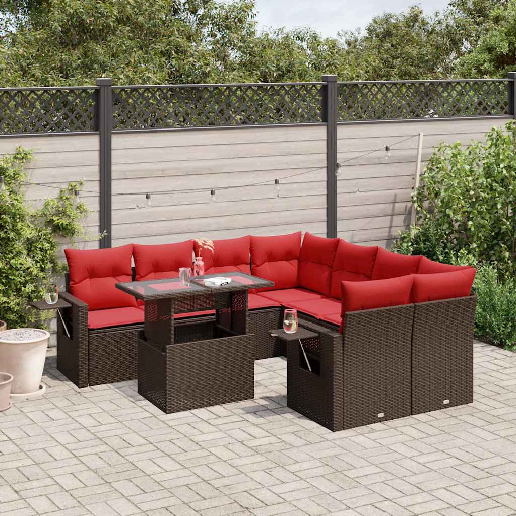Set Divani da Giardino 9 pz con Cuscini Marrone in Polyrattan