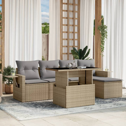 6 pc Garden Sofa Set with Beige Polyrattan Cushions