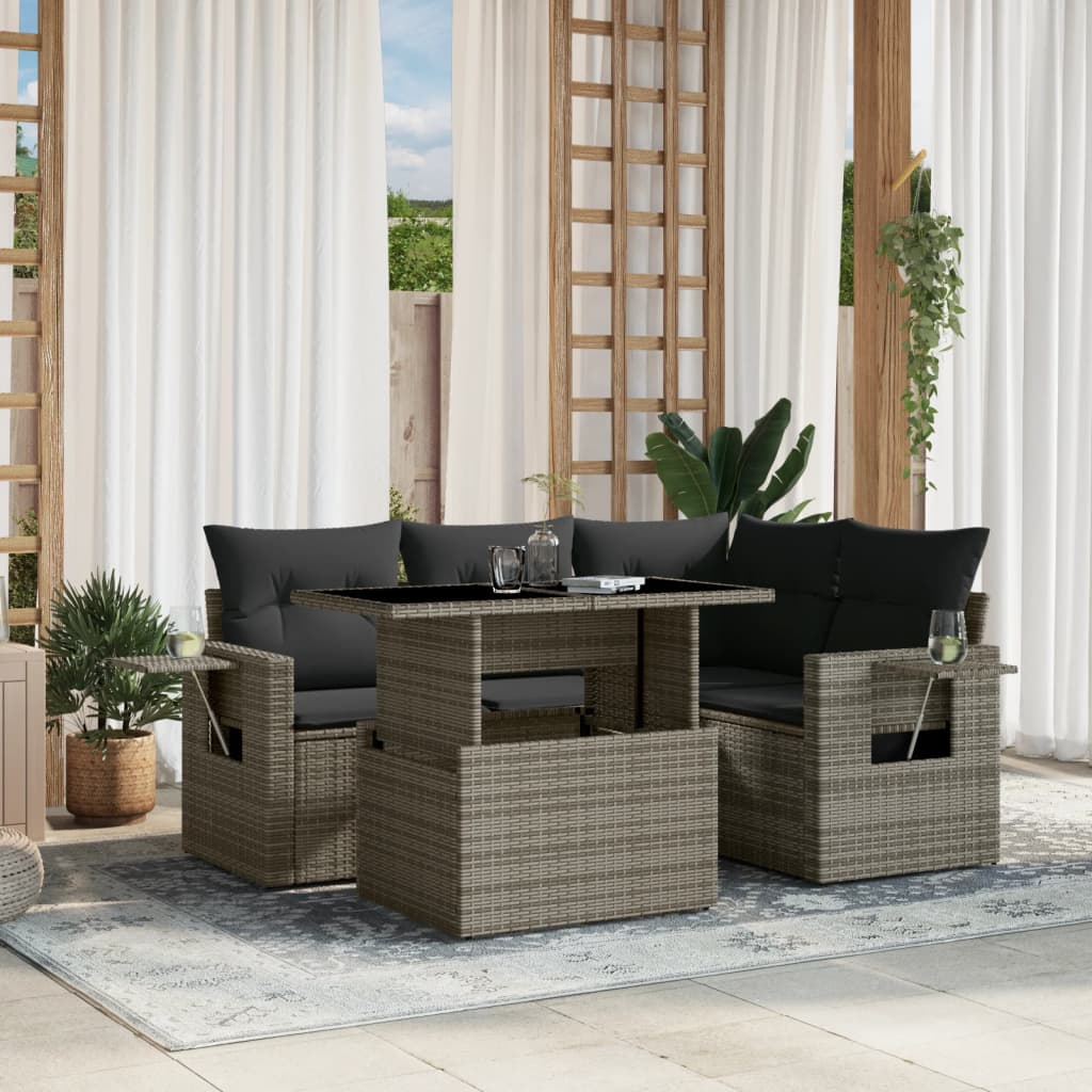 Set Divano da Giardino 5 pz con Cuscini Grigio in Polyrattan - homemem39