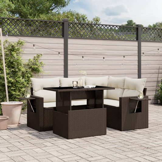 Set Divano da Giardino 5 pz con Cuscini Marrone in Polyrattan - homemem39
