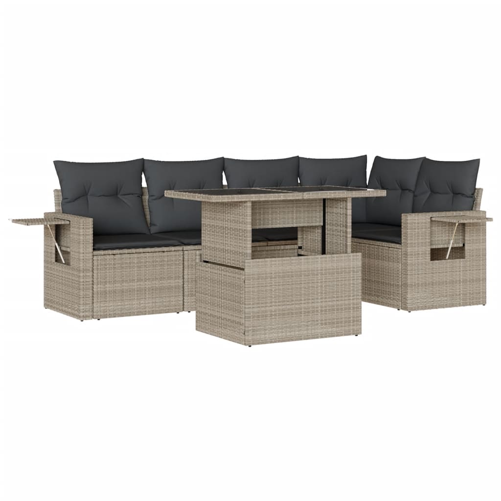 Set Divano da Giardino 6pz con Cuscini Grigio Chiaro Polyrattan