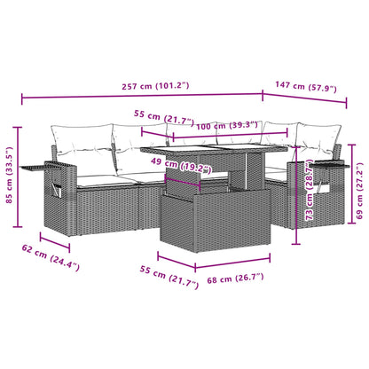 6-teiliges Gartensofa-Set mit hellgrauen Polyrattan-Kissen