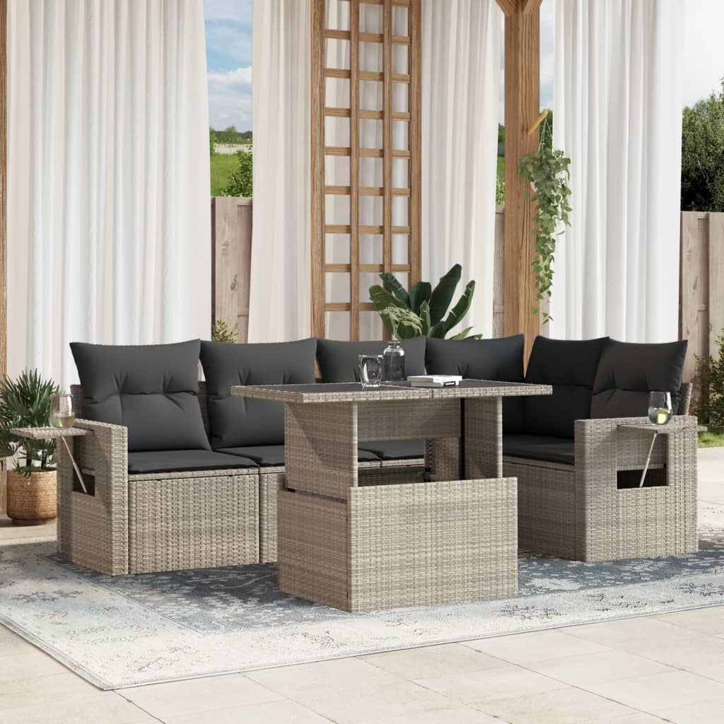 Set Divano da Giardino 6pz con Cuscini Grigio Chiaro Polyrattan