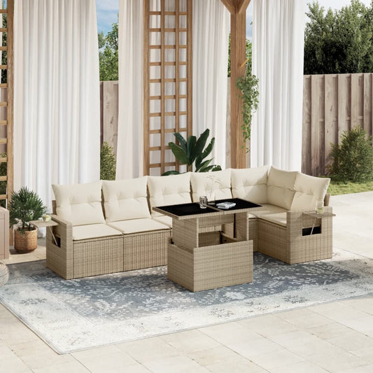 7-piece Garden Sofa Set with Beige Polyrattan Cushions