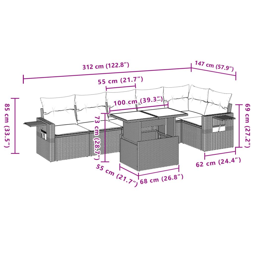 Set Divani da Giardino 7 pz con Cuscini Grigio in Polyrattan | homemem39