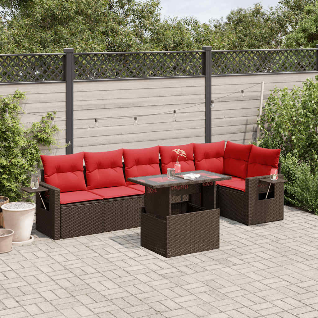 Set Divani da Giardino 7 pz con Cuscini Marrone in Polyrattan