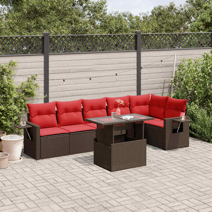 Set Divani da Giardino 7 pz con Cuscini Marrone in Polyrattan
