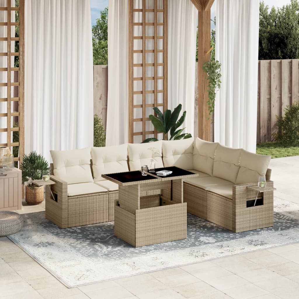 Set Divani da Giardino 7 pz con Cuscini Beige in Polyrattan