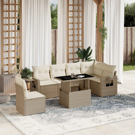 Set Divani da Giardino 7 pz con Cuscini Beige in Polyrattan