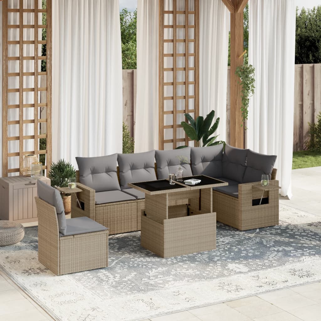 Set Divani da Giardino 7 pz con Cuscini Beige in Polyrattan - homemem39