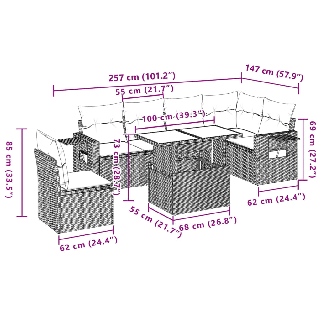 Set Divani da Giardino 7 pz con Cuscini Grigio in Polyrattan | homemem39
