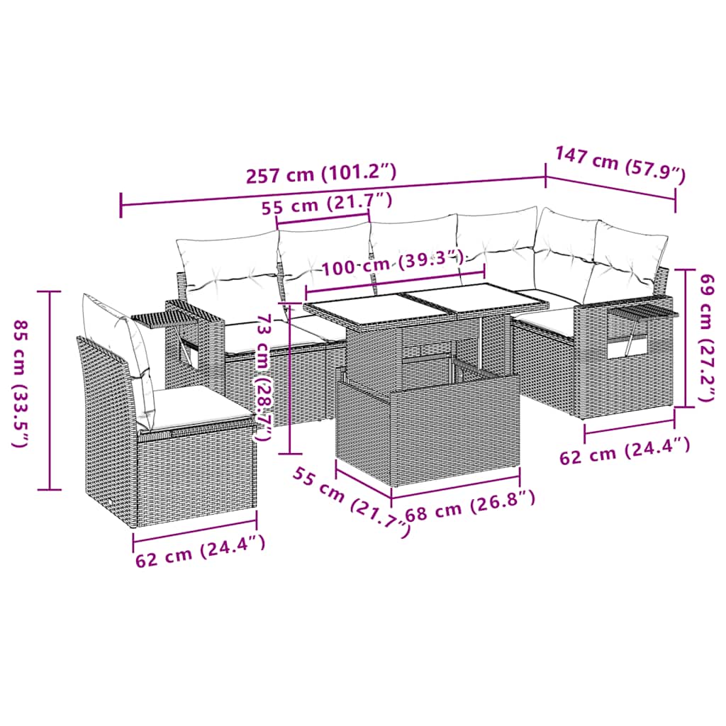 Set Divani da Giardino 7 pz con Cuscini Marrone in Polyrattan | homemem39