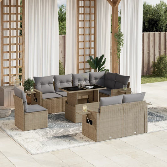 Set Divano da Giardino 9 pz con Cuscini Beige in Polyrattan