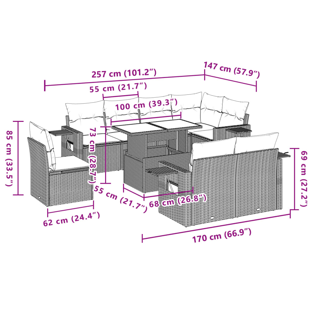 Set Divano da Giardino 9 pz con Cuscini Grigio in Polyrattan | homemem39