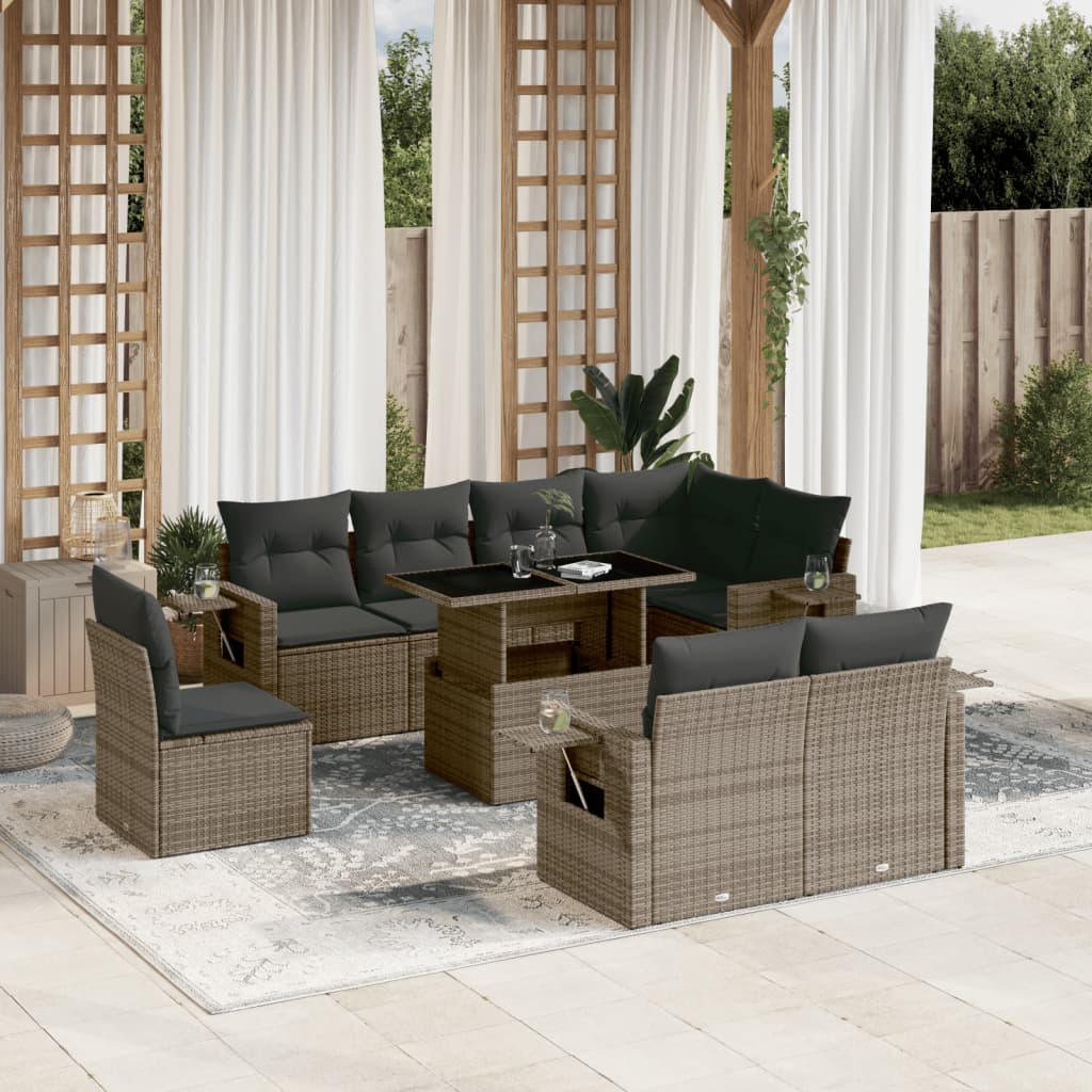 Set Divano da Giardino 9 pz con Cuscini Grigio in Polyrattan - homemem39