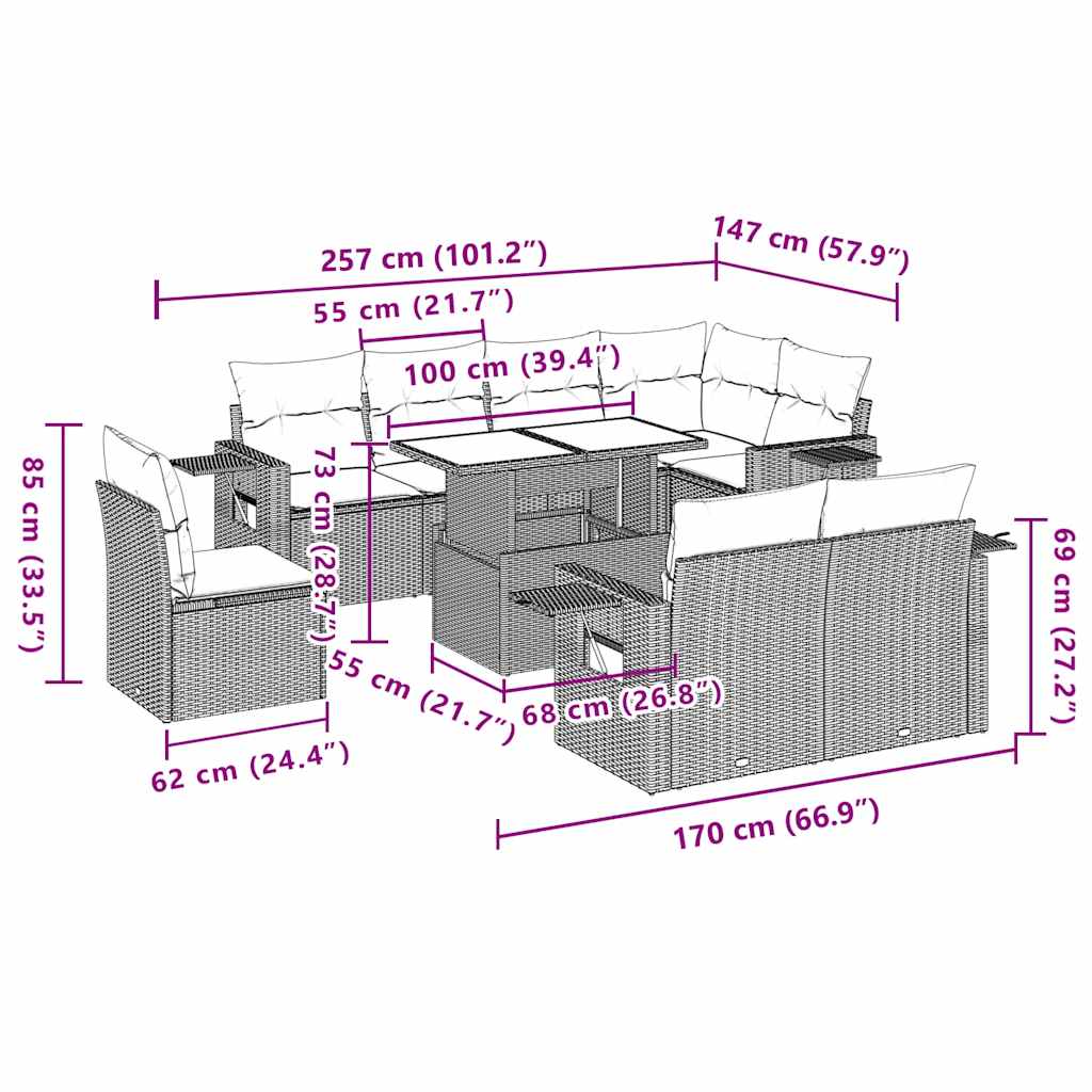 Set Divano da Giardino 9pz con Cuscini Grigio Chiaro Polyrattan | homemem39