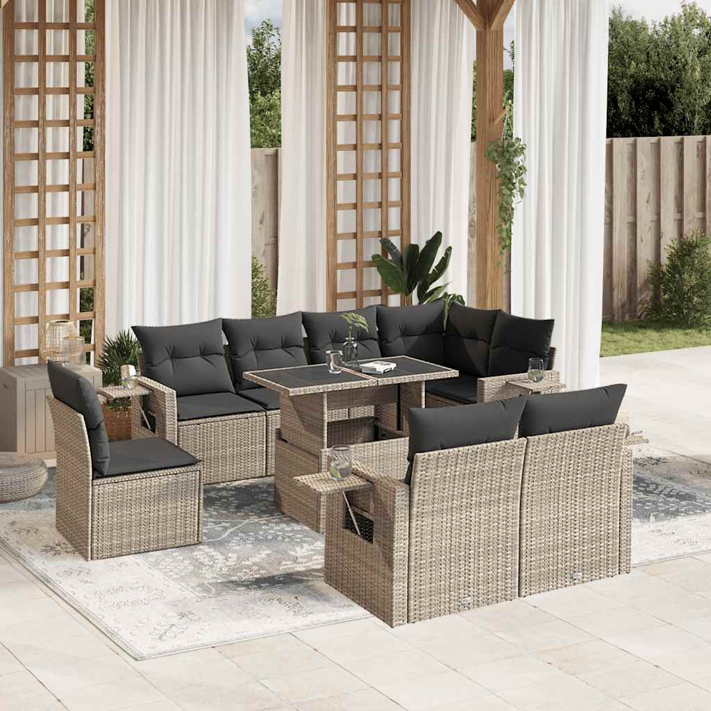 Set Divano da Giardino 9pz con Cuscini Grigio Chiaro Polyrattan - homemem39