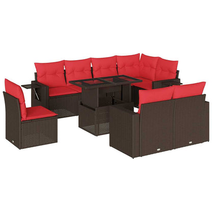 Set Divani da Giardino 9 pz con Cuscini Marrone in Polyrattan
