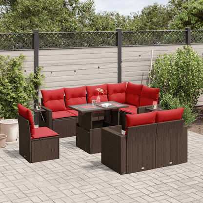 Set Divani da Giardino 9 pz con Cuscini Marrone in Polyrattan