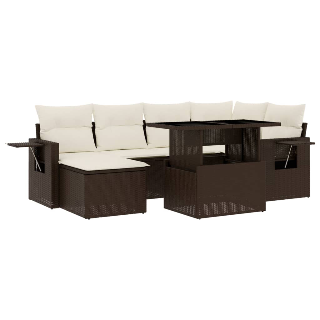 Set Divani da Giardino 7 pz con Cuscini Marrone in Polyrattan