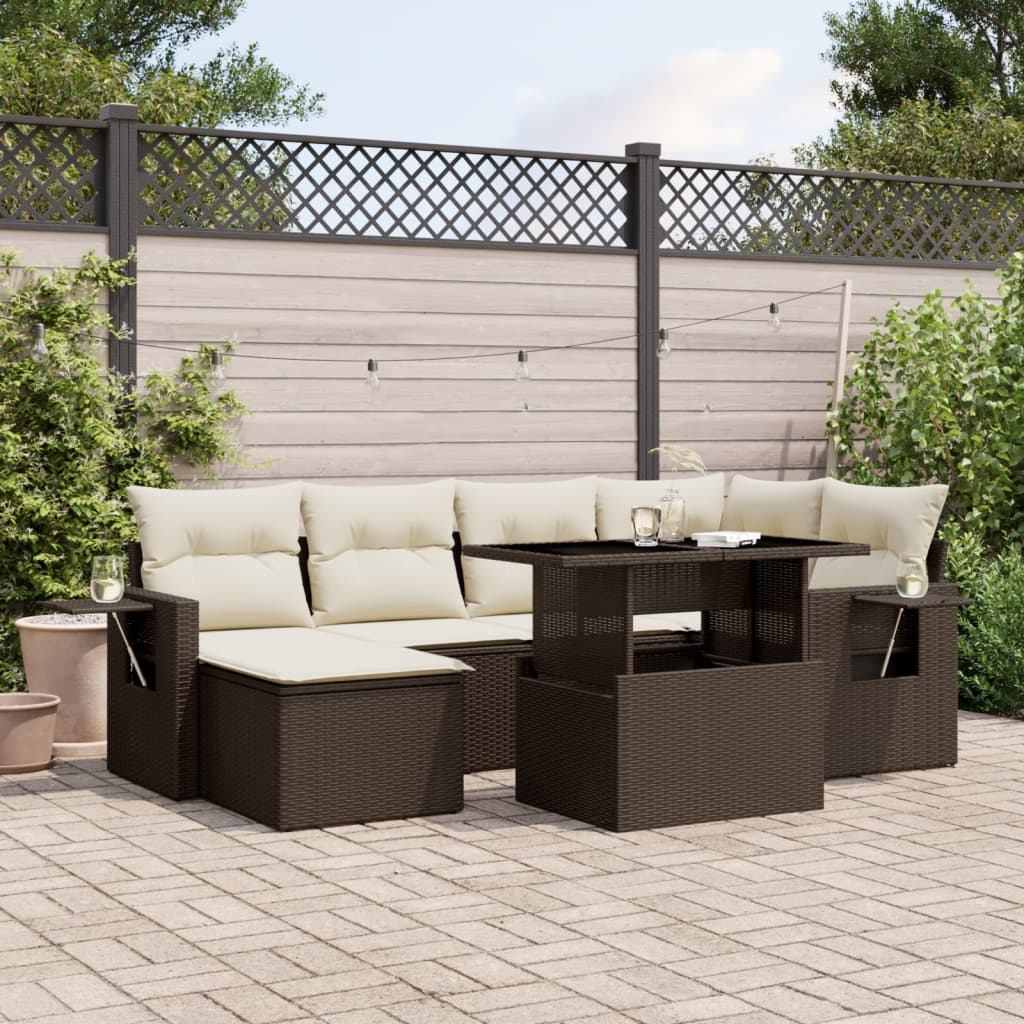 7 pc Garden Sofa Set with Brown Polyrattan Cushions