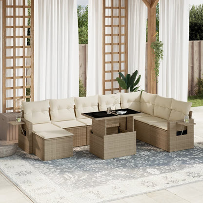Set Divano da Giardino 9 pz con Cuscini Beige in Polyrattan