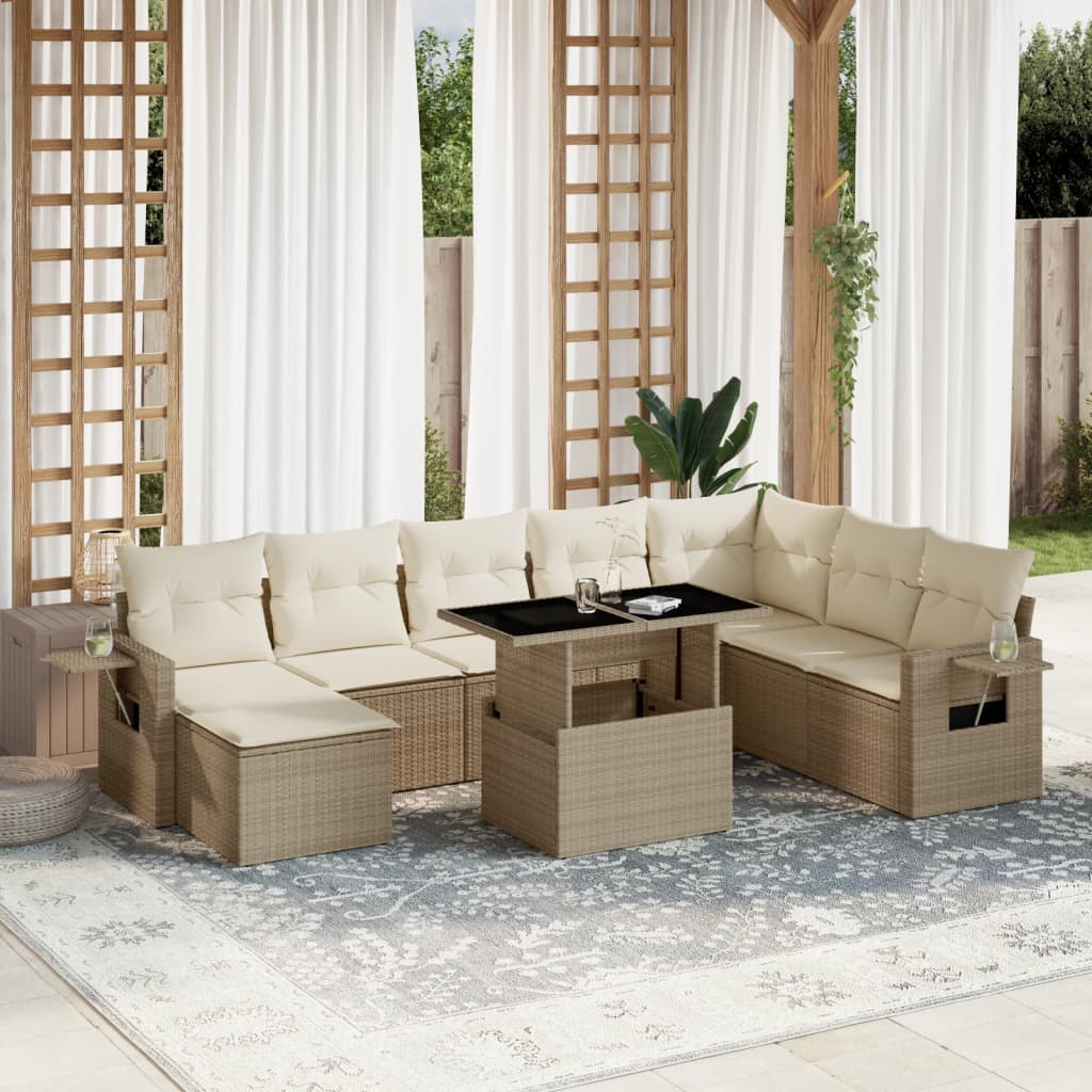 Set Divano da Giardino 9 pz con Cuscini Beige in Polyrattan - homemem39