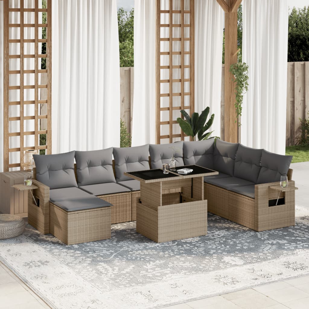 Set Divano da Giardino 9 pz con Cuscini Beige in Polyrattan - homemem39