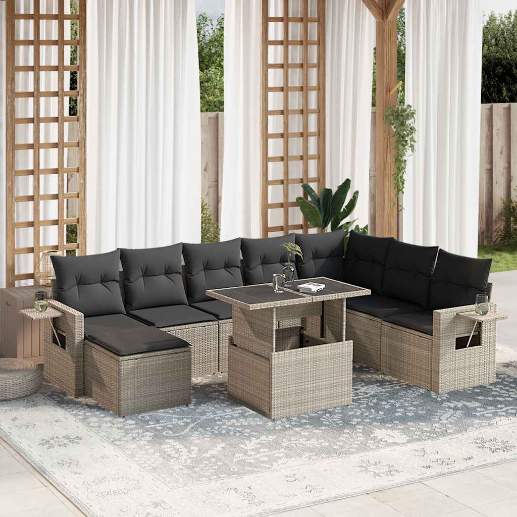 Set Divano da Giardino 9pz con Cuscini Grigio Chiaro Polyrattan - homemem39