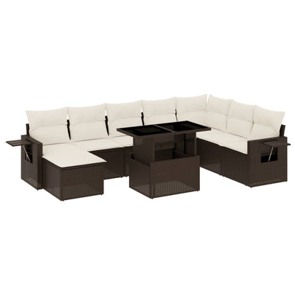 Set Divani da Giardino 9pz con Cuscini Marrone in Polyrattan