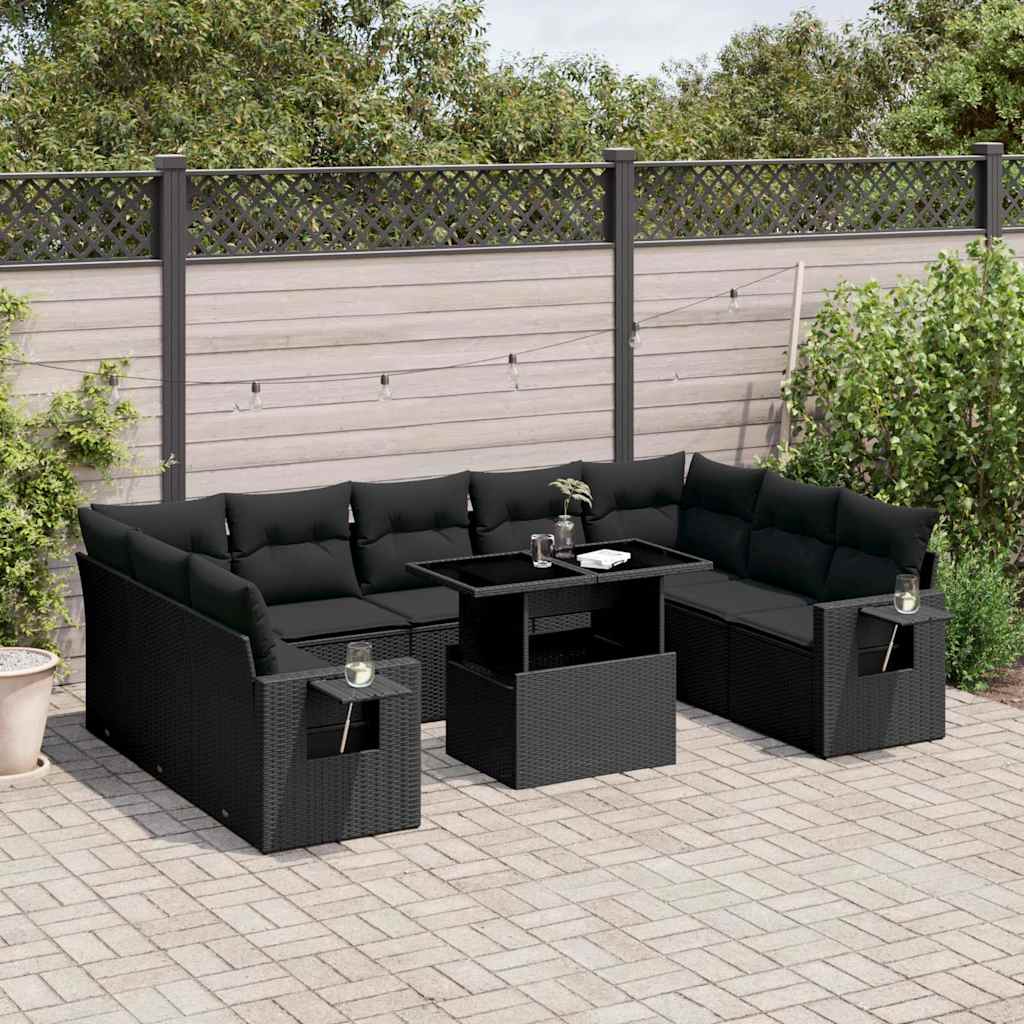 Set Divani da Giardino 10pz con Cuscini in Polyrattan Nero | homemem39