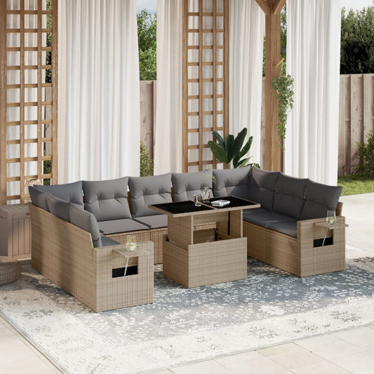 Set Divano da Giardino 10 pz con Cuscini Beige in Polyrattan - homemem39