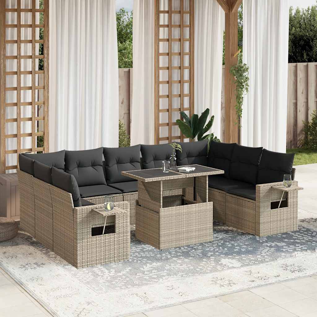 Set Divano Giardino 10 pz con Cuscini Grigio Chiaro Polyrattan | homemem39