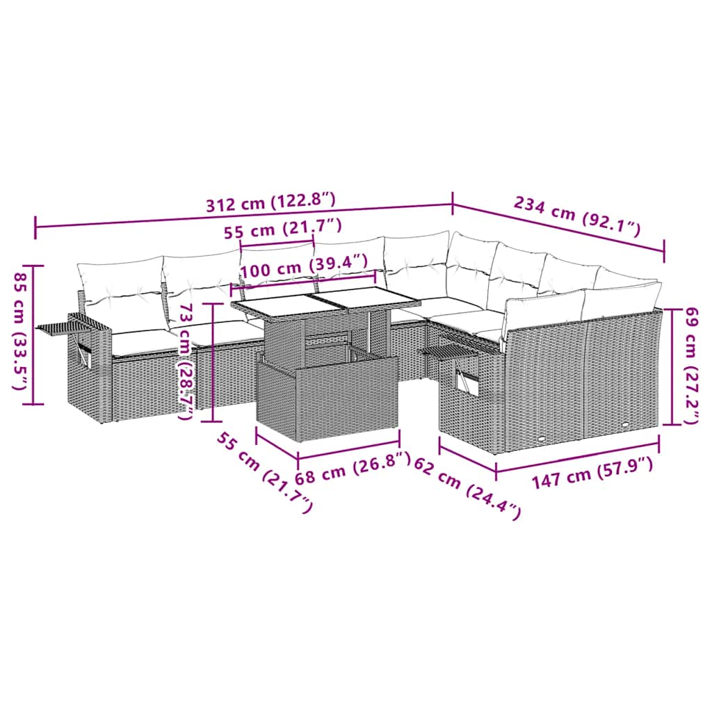 Set Divani da Giardino 10pz con Cuscini in Polyrattan Nero | homemem39