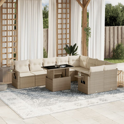 Set Divano da Giardino 10 pz con Cuscini Beige in Polyrattan