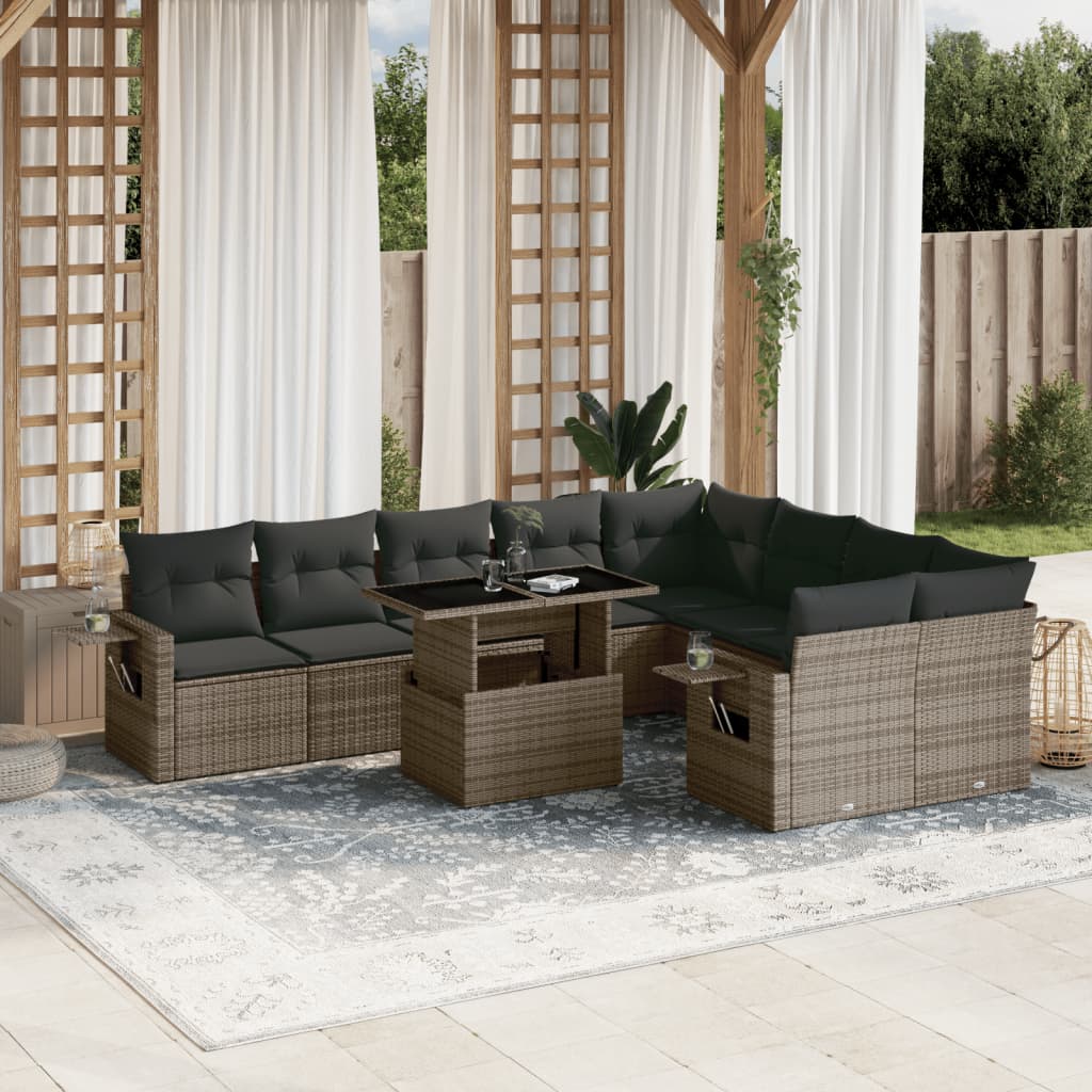 Set Divano da Giardino 10 pz con Cuscini Grigio in Polyrattan - homemem39