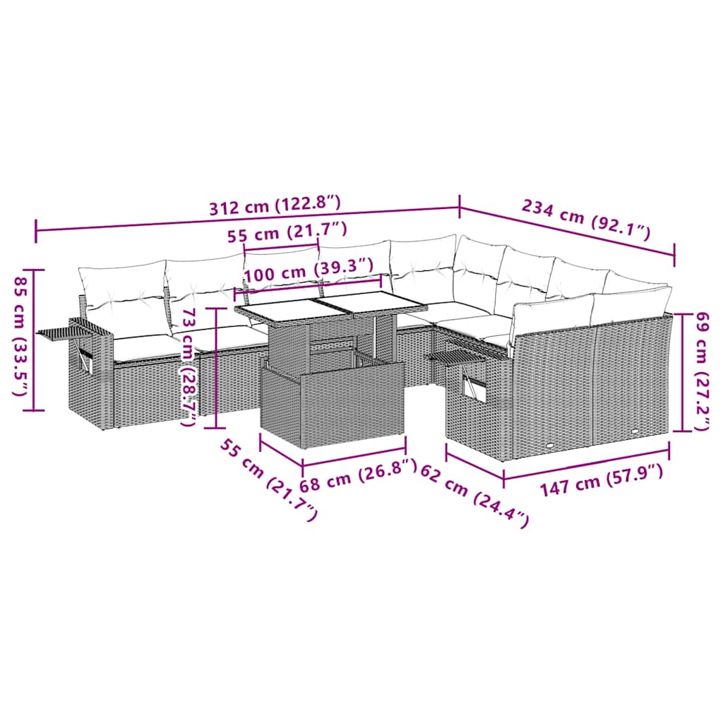 Set Divani da Giardino 10 pz con Cuscini Grigio in Polyrattan | homemem39